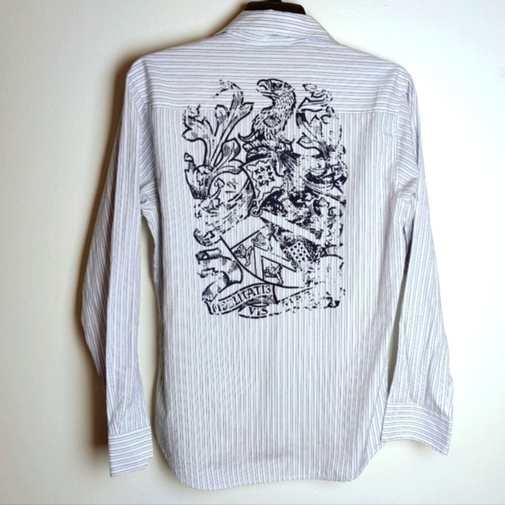 VTG Y2K Level Ten Men's Striped Graphic Tattoo Print Button Down Shirt, Sz XL